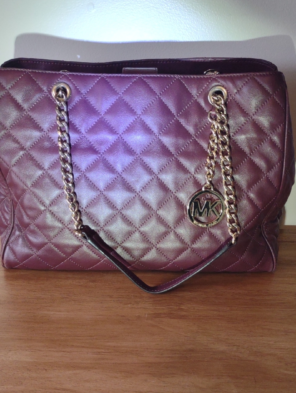 Michael Kors Quilted Shoulder Tote in Plum with Gold Chain